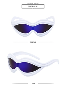 Detail view of wavy white frames and blue lenses on these punk fashion sunglasses