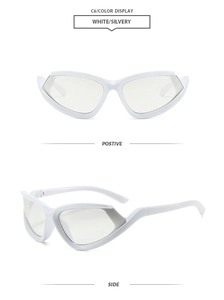 Front and side macro views of futuristic white and silver sports sunglasses with light lenses