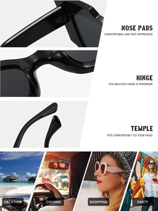 Detailed views of reinforced hinges and cat eye frame with lifestyle party scenes