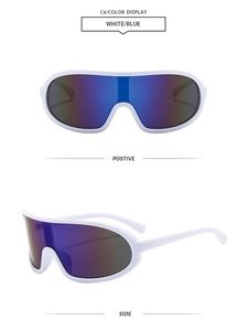 Detailed front and side views of white oversized sports sunglasses with blue mirror lenses
