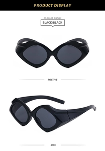Front and side views of black geometric sunglasses with thick frames and dark lenses