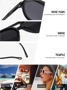 Detail of ergonomic nose pads, sturdy metal hinges and comfortable temples of black sunglasses