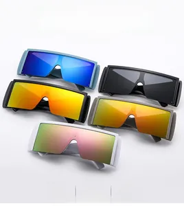 Detailed pile of five wide-frame shield sunglasses in various gradient lens colors