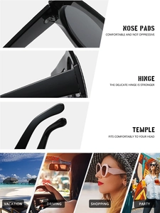 Detailed views of sunglasses features including nose pads, hinges and stylish lifestyle usage