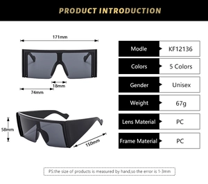 Size chart for oversized square sunglasses with precise dimensions and PC frame specs