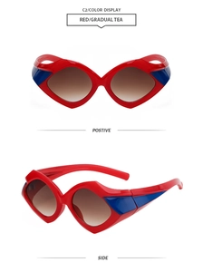 Detailed view of red geometric sunglasses with blue triangle trim and tea gradient lenses