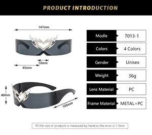 Detailed sizing chart and specifications for heart flame Y2K futuristic sunglasses