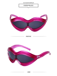 Front and side view of translucent purple wavy sunglasses with black lenses