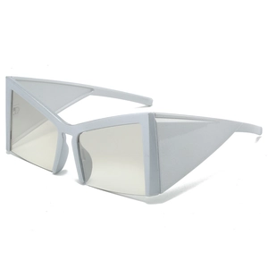 Futuristic white geometric cat-eye sunglasses with sharp triangular frames and gray lenses