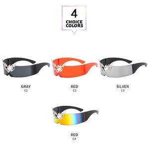 Y2K wraparound sunglasses with flame heart metal detail in four metallic color options