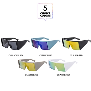 Collection of five colorful shield sunglasses featuring large square frames and wide legs