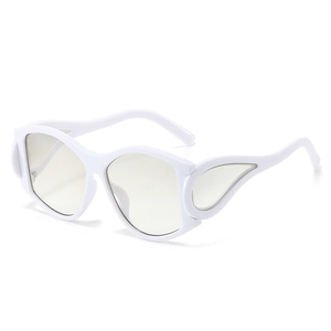 Oval oversized sunglasses with white wing-shaped frame and clear lenses for punk fashion