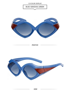 Front and side views of geometric blue sunglasses with red contrast temple accents