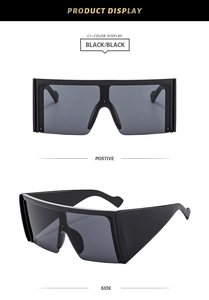 Front and side views of chunky square oversized sunglasses with thick black frames