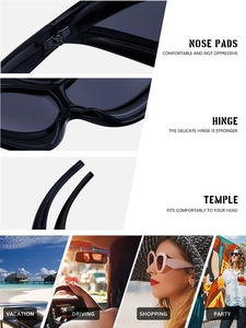 Detailed views of punk wave sunglasses with nose pads, hinges, and lifestyle usage scenes