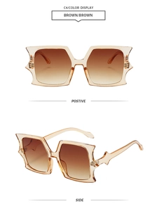 Detail view showing champagne rectangle frames with serrated edges and brown gradient lenses