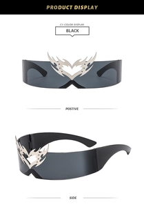 Detail of black Y2K heart flame sunglasses showing positive and side views on white background
