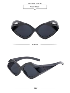 Detail view showing gray futuristic geometric sunglasses from front and side angles