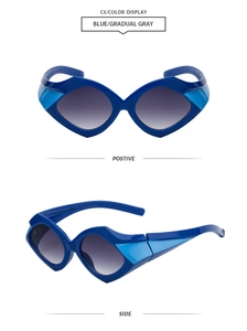Detail view of blue geometric cat-eye sunglasses with gradient gray lenses and side panels