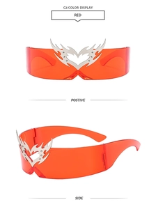 Front and side view of red heart flame sunglasses with silver futuristic metallic decor