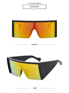 Front and side view of square oversized semi-rimless sunglasses with red gradient lenses