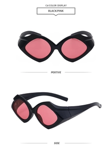 Front and side view of geometric cat eye sunglasses with black frame and pink lenses