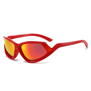 Futuristic red cat eye sunglasses with orange mirrored lenses and aerodynamic sporty frame