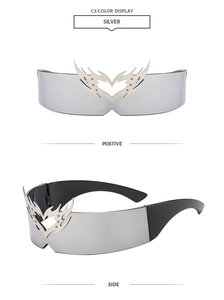 Detail view of futuristic silver heart flame sunglasses with streamlined black temples