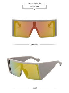 Front and side view of square oversized sunglasses with orange gradient mirror lenses