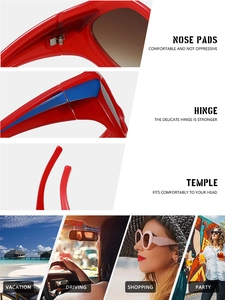 Detail view of red geometric sunglasses showing comfortable nose pads and durable hinges