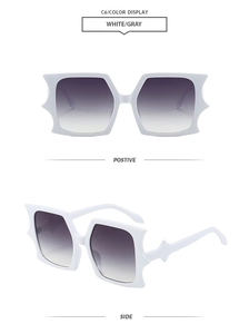 Detailed views showing the front and side of white rectangular star-point sunglasses
