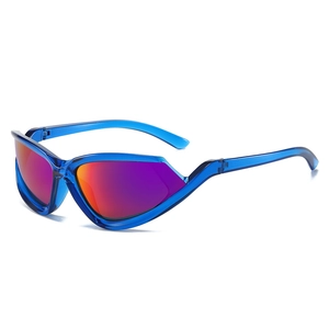 Futuristic cat-eye sunglasses with gradient lenses and translucent blue sports frame