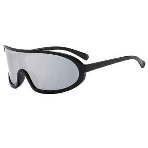 Futuristic wrap-around sunglasses with black frame and silver mirrored lenses for outdoors