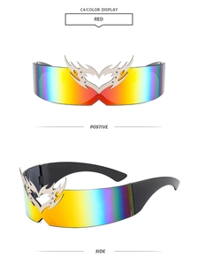 Detailed front and side views of Y2K futuristic heart flame iridescent sunglasses