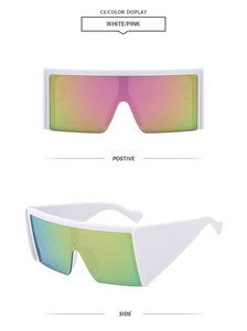 Detailed views of white square frame sunglasses with pink to green gradient lenses