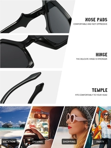 Detailed views of black rectangle sunglasses with reinforced hinges and comfortable nose pads