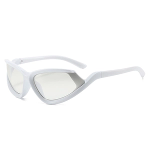 Futuristic white wrap-around cat eye sunglasses with trendy colorful coating lenses