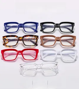 Array of colorful square frame glasses in navy, black, tortoise, red, and clear finishes