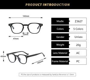 Detaillierte Größentabelle der Z3627 Retro-Vollrandbrille gegen Blaulicht mit Maßen