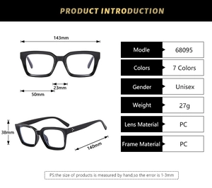 Detailed technical diagram showing square frame glasses dimensions and PC material specs
