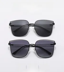 Vertical display of black and purple gradient oversized square fashion sunglasses with metal frames
