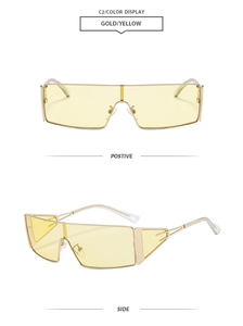Détails de lunettes de soleil en métal doré avec verres dégradés jaunes et branches ajourées