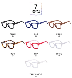 Matrix display showing square eyewear frames in seven colors with metal rivet details