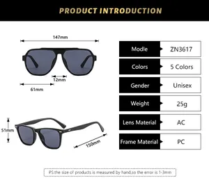 Tableau des tailles et spécifications pour lunettes de soleil tendance à monture carrée