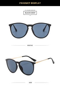 Front and side views of large black frame sunglasses with blue-gray lenses and gold metal arms