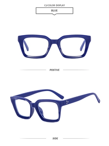 Detailed front and side views of blue rectangular glasses with silver stud accents
