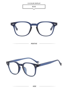 Detailansicht der modischen dunkelblauen Vollrand-Brille von vorne und von der Seite