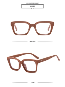 Detail view of khaki square glasses frame with metallic studs and side profile design