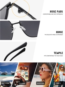 Detailed views of reinforced hinges, nose pads, and ergonomic temples on sun glasses