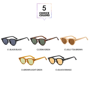 Collection of five vintage round frame sunglasses in black, tortoise, and jelly tea colors